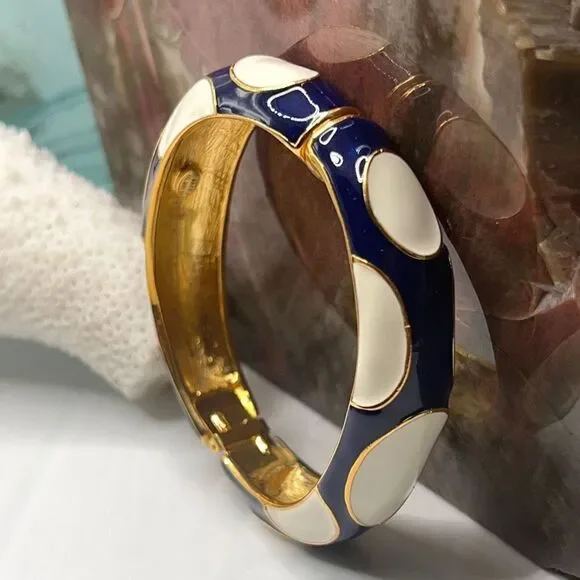 Blue White Enamel Gold Hinged Bangle Kenneth Jay Lane - Picture 4 of 14